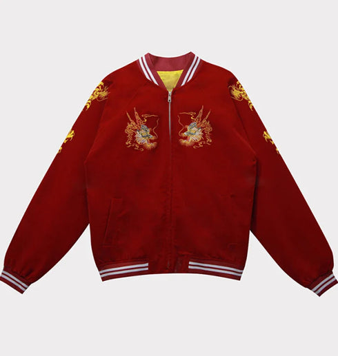 Red bomber coat with intricate dragon embroidery, zipper closure, ribbed cuffs, and stand collar.